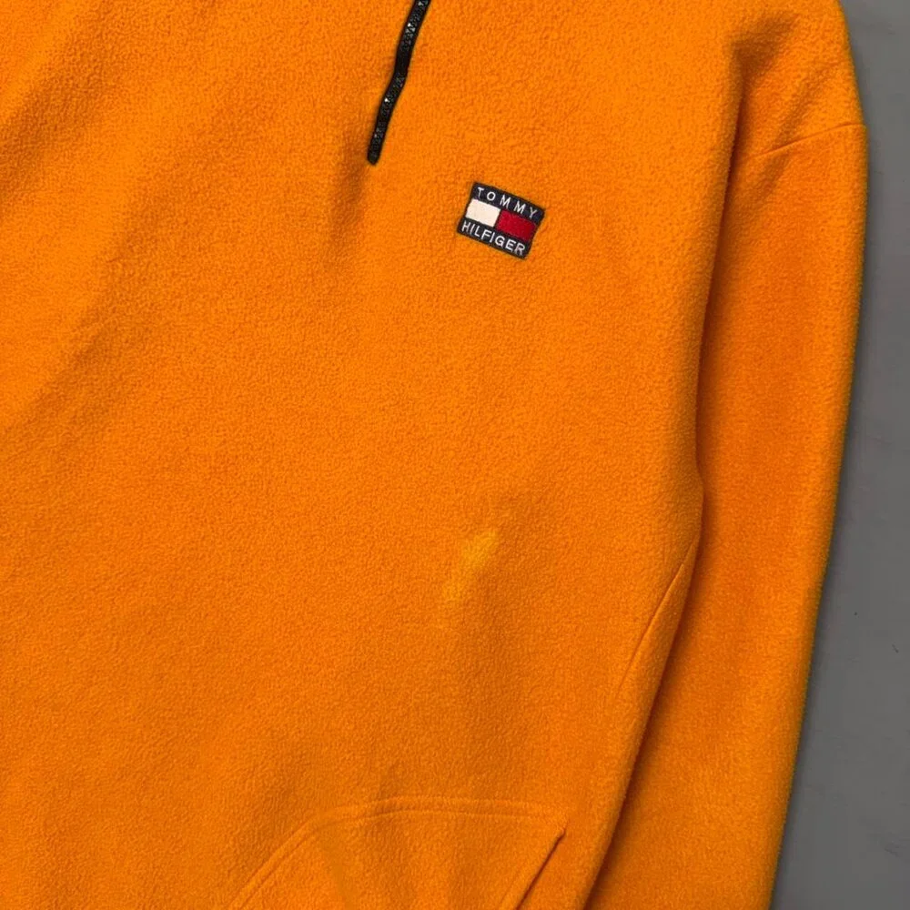 Vintage Tommy Hilfiger y2k Orange 1/4 Zip Fleece Pullover Sweater XL‎